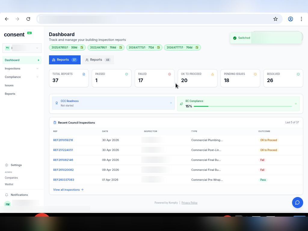 Kompliy compliance dashboard showing CCC progress, inspection reports, compliance metrics, and council inspection tracking